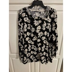 AnyBody Women's 2X Black White Floral Print Long Sleeve Hoodie Top